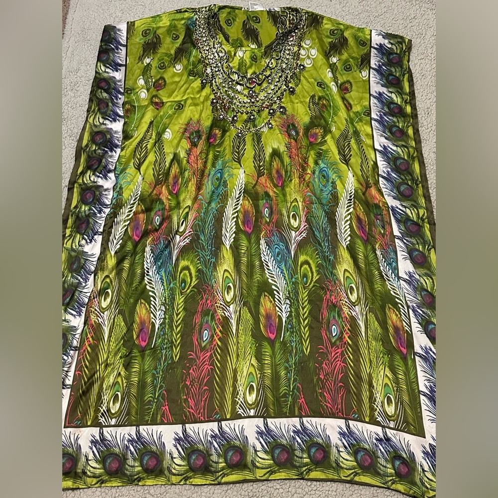 Peacock Feather Print Sleep Dress - Green Multicolor